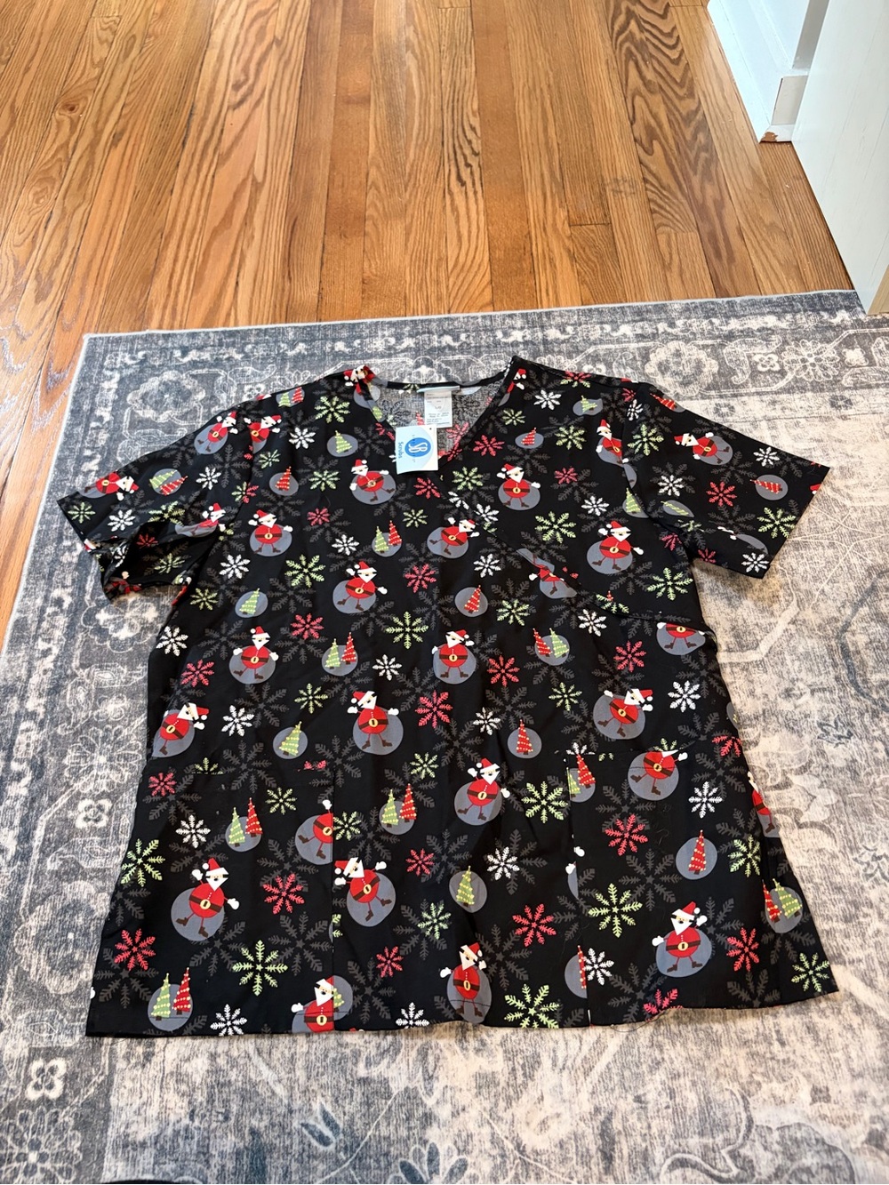 SB Scrubs Black Short Sleeve Festive Christmas Snowman Print Top